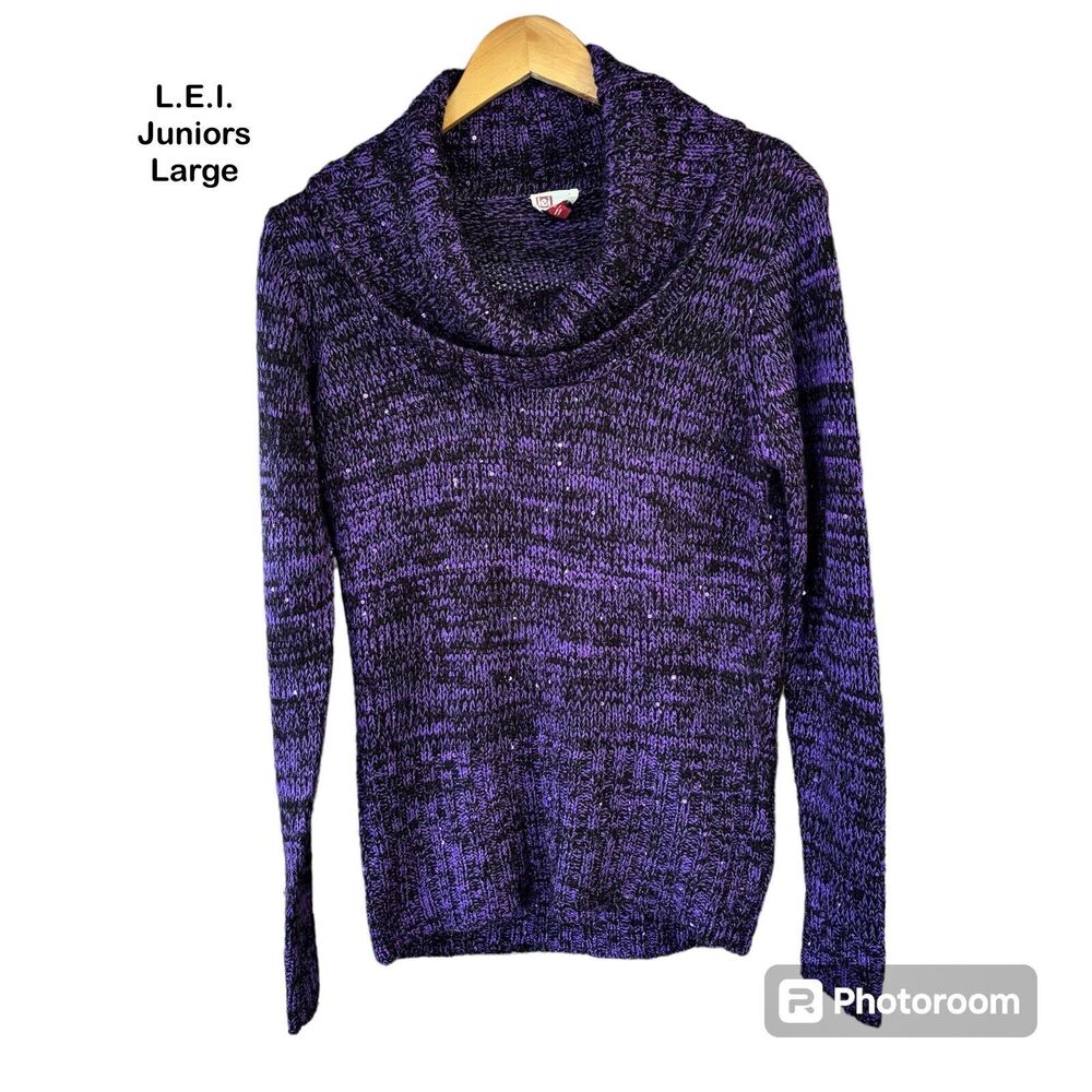 l.e.i. Piper Marbled Purple Black Sequined Goth Cowl‎ Neck Sweater Juniors Large